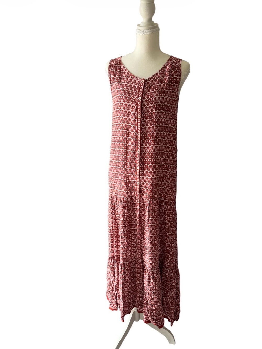 NWT Max Studio Rust Red Geometric Button Sleeveless Cottagecore Boho Maxi Dress